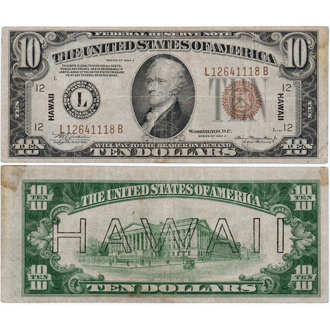 1934-A $10 Hawaii World War 2 Emergency Federal Reserve Note Fr. 2303 - Net VG/Fine