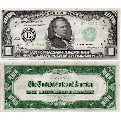 1934-A $1000 Federal Reserve Note Richmond District (E) Fr. 2212-E - Extremely Fine