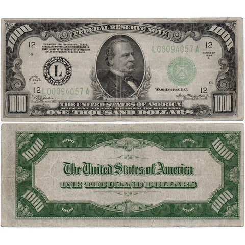 1934-A $1000 Federal Reserve Note San Francisco District (L) Fr. 2212-Lm - Very Fine