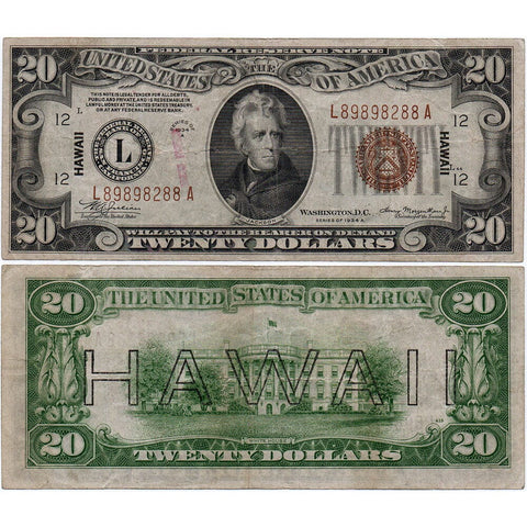 1934-A $20 Hawaii World War 2 Emergency Issue Federal Reserve Note Fr. 2305 - Very Fine (Copy)