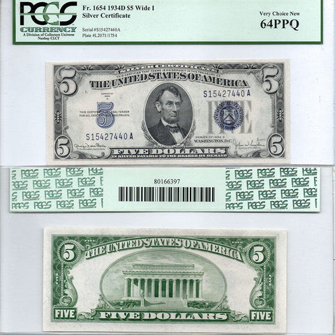 1934-D $5 Silver Certificate FR. 1654 (Wide I) - PCGS Very Choice New 64 PPQ