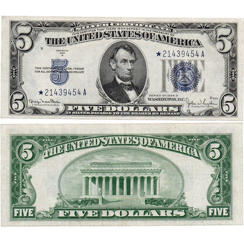 1934-D $5 Silver Certificate Star Note (Wide I) Fr. 1654* - Extremely Fine