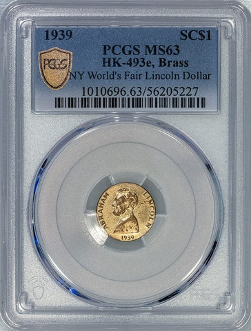 1939 Elder NY World's Fair Lincoln Dollar - HK-493e Brass - PCGS MS 63 - A True Rarity