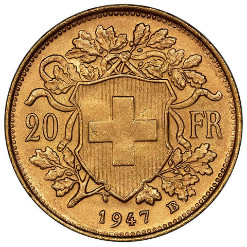 1947-B Swiss Helvetia Gold 20 Francs - PQ Brilliant Uncirculated