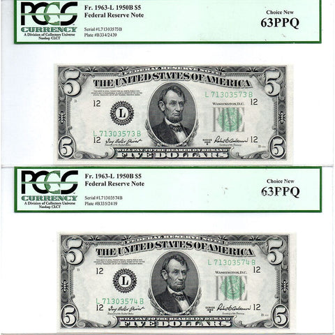 4 Consecutive 1950-B $5 Federal Reserve Notes (San Francisco) Fr. 1963-L - PCGS 63 PPQ