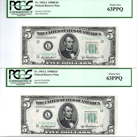 4 Consecutive 1950-B $5 Federal Reserve Notes (San Francisco) Fr. 1963-L - PCGS 63 PPQ