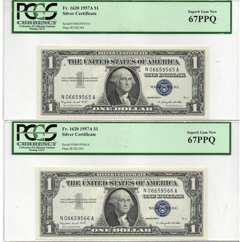 1957-A Consecutive Pair $1 Silver Certificates  - PCGS Superb Gem New 67 PPQ