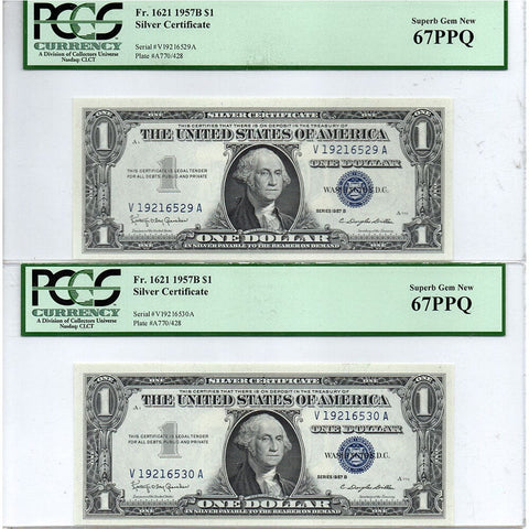 1957-B Consecutive Pair $1 Silver Certificates  - PCGS Superb Gem New 67 PPQ