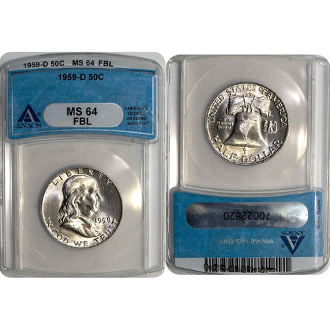 1959-D Franklin Half Dollar - ANACS MS 64 FBL - Choice Uncirculated Full Bell Lines