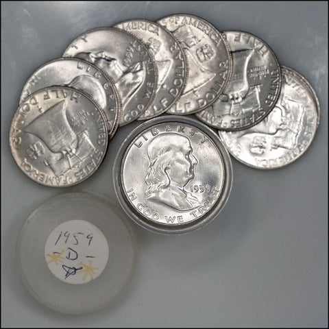 20-Coin Roll of 1959-D Franklin Halves (90% Silver) - Crisp Original BU Roll