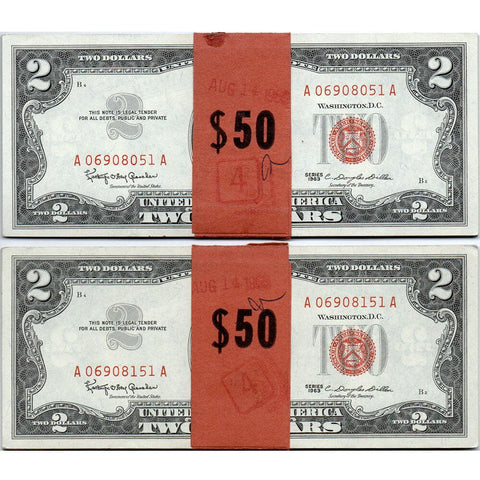 Neat Two Near Matching Quarter Packs of 1963 $2 Legal Tender Notes - Crisp Uncirculated
