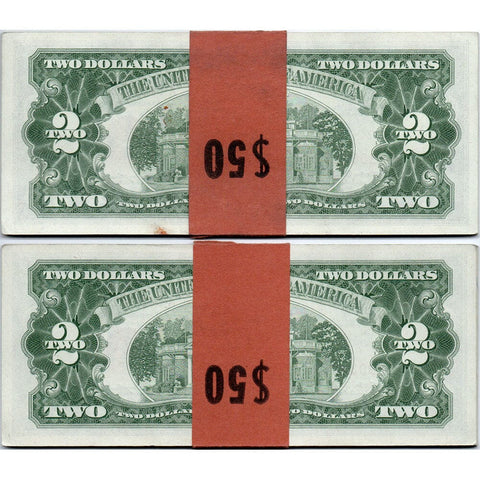 Neat Two Near Matching Quarter Packs of 1963 $2 Legal Tender Notes - Crisp Uncirculated