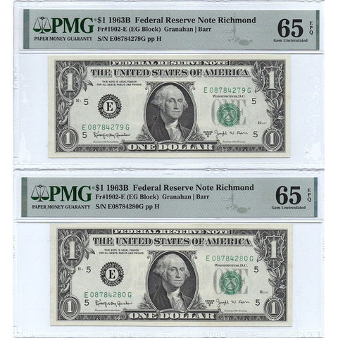 Consecutive Pair of 1963-B $1 "Barr" Richmond Federal Reserve Notes - PMG 65 EPQ