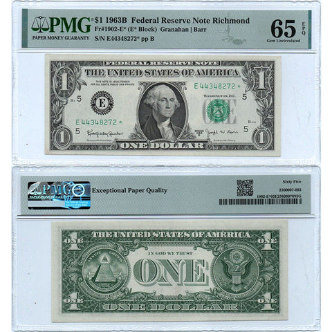 1963-B $1 "Barr" Richmond Federal Reserve Star Note (FR.1902-E*) - PMG 65 EPQ