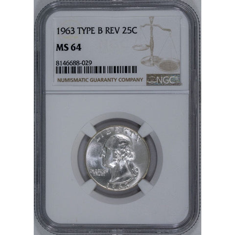 1963 Type B Reverse Silver Washington Quarter - NGC MS 64 - Choice Uncirculated