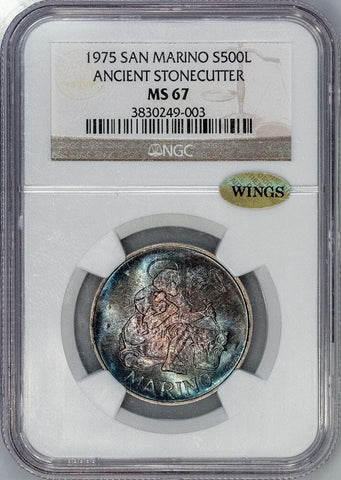 1975 San Marino 'Ancient Stonecutter' Silver 500 Lire KM. 48 - NGC MS 67