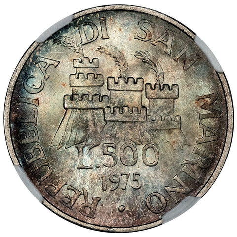 1975 San Marino 'Ancient Stonecutter' Silver 500 Lire KM. 48 - NGC MS 67