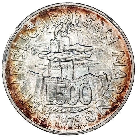 1978 San Marino Labor Day/Work Life Stone Mason Silver 500 Lire KM. 84 - PCGS MS 68