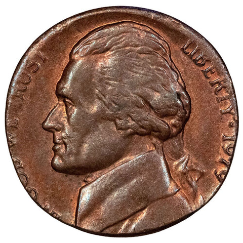 1979 Jefferson Nickel Struck on Lincoln Cent Planchet - About Uncirculated