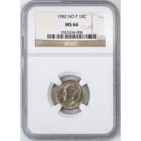 1982 "No P" Error Roosevelt Dime - NGC MS 66 - Gem Brilliant Uncirculated