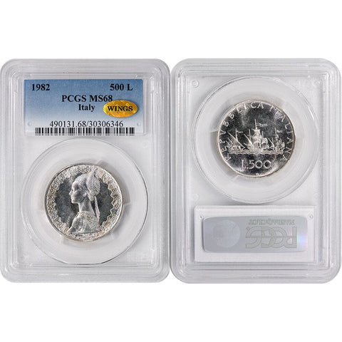 1982 Italy Silver 500 Lire Columbus' Ships - PCGS MS 68 - Gem Brilliant Uncirculated