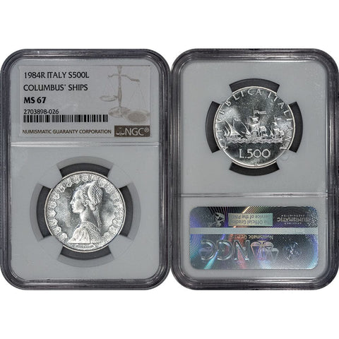 1984-R Italy Silver 500 Lire Columbus' Ships KM. 98 - NGC MS 67