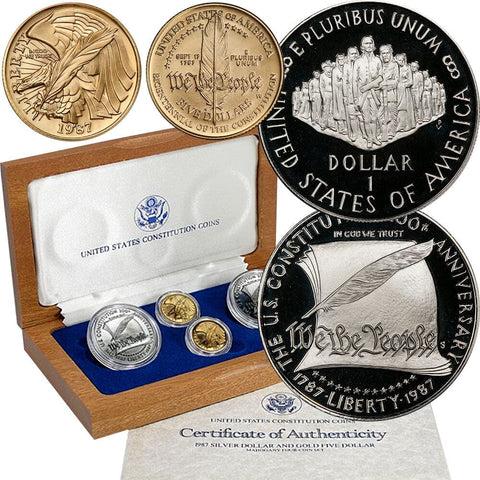 1987 Four-Coin $5 & $1 Constitution Commemorative Coin Set- Gem Proof & Unc in OGP w/ COA