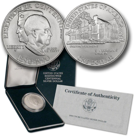 1990 Uncirculated Eisenhower Centennial Silver Dollar - Gem Unc in OGP w/ COA