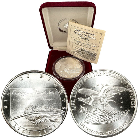 1991 Chrysler Bill of Rights 1 oz .999 Silver Round in Original Packaging w/ CoA