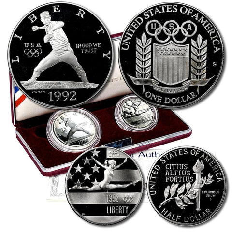 1992 Olympic 2-Coin Silver $1 & 50¢ Commemorative Set in OGP w/ COA