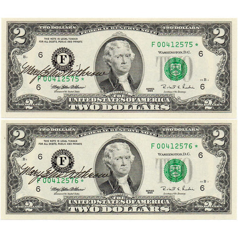Pair of 1995 $2 Federal Reserve Star Notes Fr. 1936-F Withrow Courtesy Signatures - Gem Uncirculated