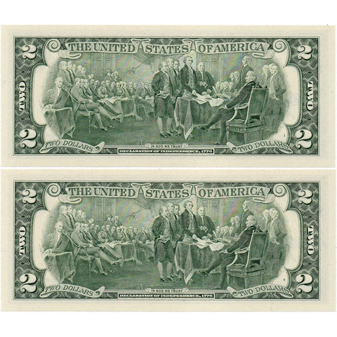 Pair of 1995 $2 Federal Reserve Star Notes Fr. 1936-F Withrow Courtesy Signatures - Gem Uncirculated