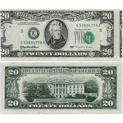 1995 $20 Federal Reserve Note Faulty Alignment Obverse Error Fr. 2081-E - Very Fine