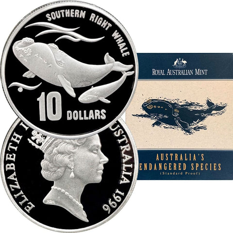 1996 Australia $10 Silver Proof Southern Right Whale - Gem Proof in OGP w/ COA