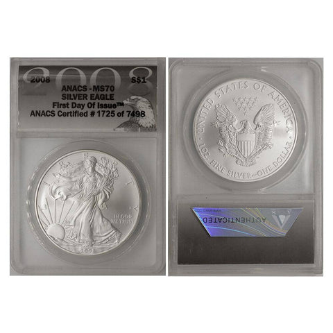 2008 American Silver Eagle - ANACS MS 70 First Day of Issue