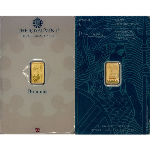 1 gram Royal Mint Britannia .9999 Gold Bar in Assay Card