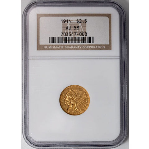 1914 $2.5 Indian Quarter Eagle Gold Coin - NGC AU 58