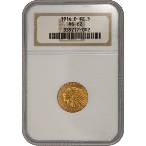 1914-D $2.5 Indian Quarter Eagle Gold Coin - NGC MS 62