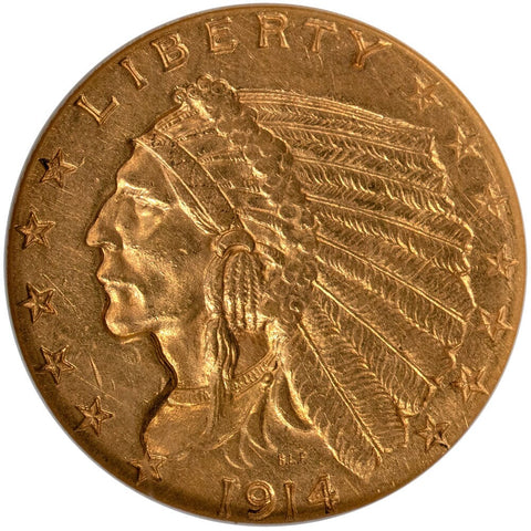 1914 $2.5 Indian Quarter Eagle Gold Coin - NGC AU 58