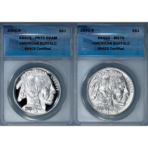 2001 P & D Buffalo Commemorative Silver Dollar Set ~ ANACS MS & PR 70
