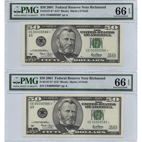 2001 $50 Federal Reserve Star Notes, Consecutive Pair/Low Serials Fr. 2127-E* - PMG 66 EPQ