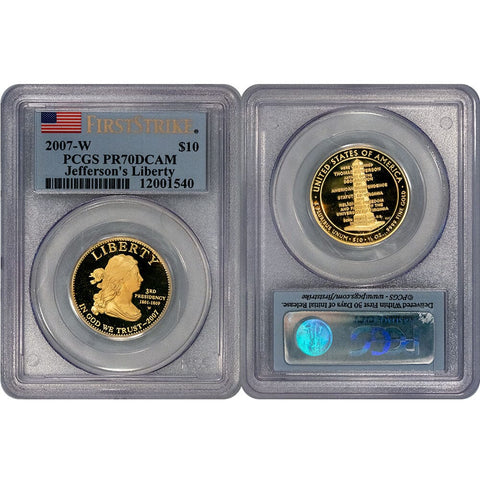 2007-W $10 First Spouse Jefferson's Liberty Proof 1/2 oz Gold - PCGS PR 70 DCAM