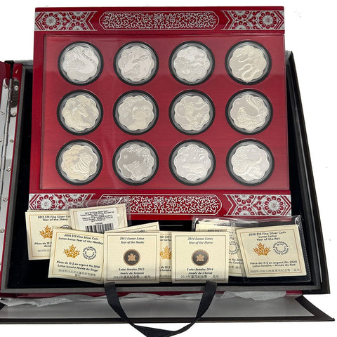 2010-2021 Twelve Coin Canada $15 Silver Lunar Lotus Coin Set - Gem Proof in Box w/ CoAs