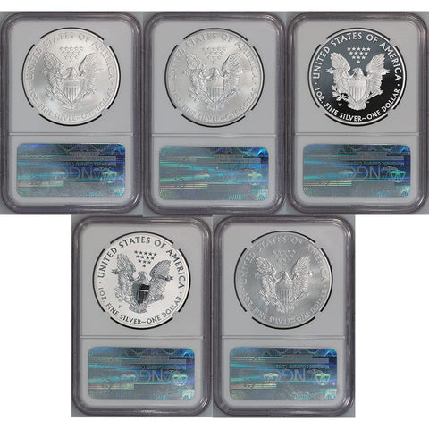 2011 25th Anniversary 5-coin American Silver Eagle Set - ALL NGC 70 - Ships in OGP