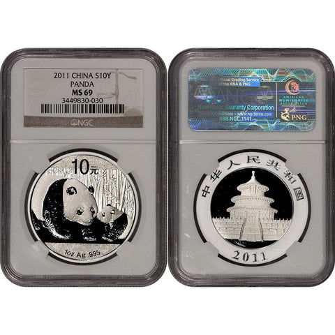 2011 China 10 Yuan Silver Panda 1 oz .999 Silver KM.1980 - NGC MS 69