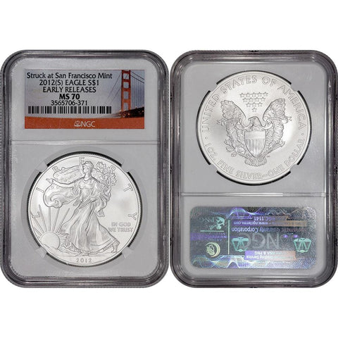 2012(S) American Silver Eagle - NGC MS 70 Bay Bridge Label