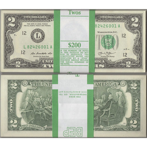 2013 San Francisco Federal Reserve $2 Notes - BEP Pack of 100 - Choice Uncirculated