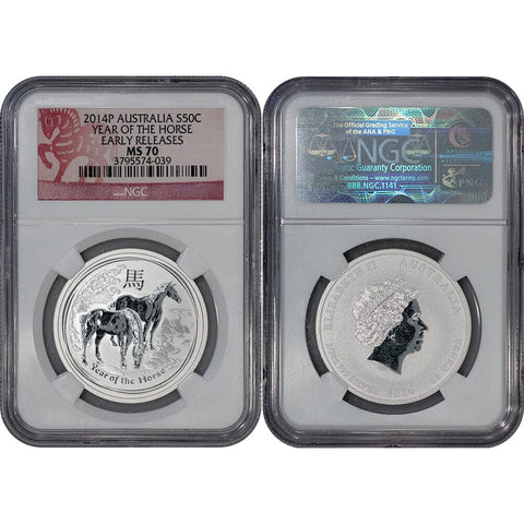 2014-P Australia Year of the Horse 1/2 oz Silver Dollar - NGC MS 70