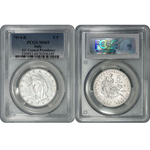 2014-R Italy Silver 5 Euro EU Council Presidency - PCGS MS 69