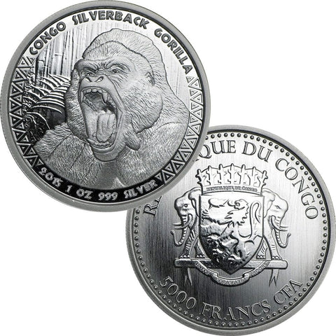 2015 Republic of Congo 5000 Francs 1 oz .999 Silver Silverback Gorilla - Gem Uncirculated